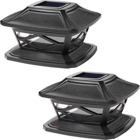 Solar-powered pillar lights with caps, waterproof, LED – For fences and garden decorations, modern design, black, automatic dusk-to-dawn activation, ideal for flower bed borders