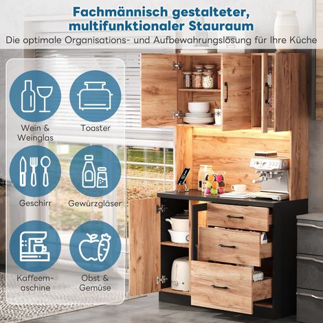 Meuble de rangement colonne cuisine design 105x40x180 cm, finition noir bois avec spots LED intégrés, tablettes ajustables, prise UE, idéal pour cuisine, salle à manger et séjour. (1/5)