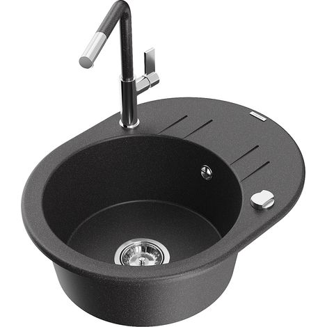 Mexen Kevin 1 Becken-Granitspüle mit Abtropffläche und Mischbatterie Flora, Schwarz gesprenkelt - 65