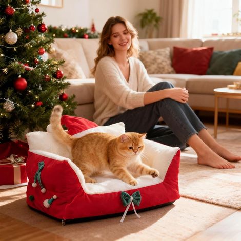 Cuccia per gatti 60x40x30cm Divano natalizio, reclinabile con cappello di Babbo Natale in peluche, comoda, antiscivolo, lavabile per cuccioli e gattini, rossa - ALTRO (1/3)