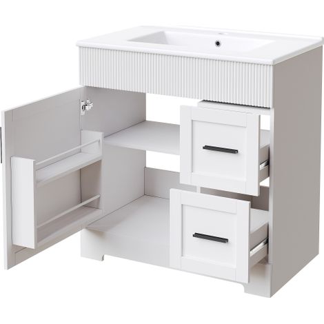 Meuble sous lavabo blanc à façade cannelée, 2 tiroirs + 1 porte latérale dimensions 81,5×47×85,5cm, meuble de rangement pour salle de bain avec lavabo intégré (1/5)