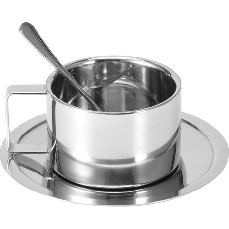 3-teiliges Set aus doppelwandiger Kaffeetasse, Löffel und Untertasse aus Edelstahl 304 – Küchenutensilien (1/5)