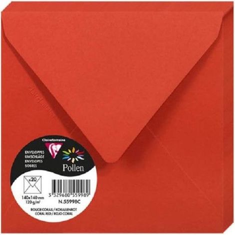Enveloppe - CLAIREFONTAINE - Pollen - 140x140 mm - Rouge corail - 120g - paquet de 20 (1/3)