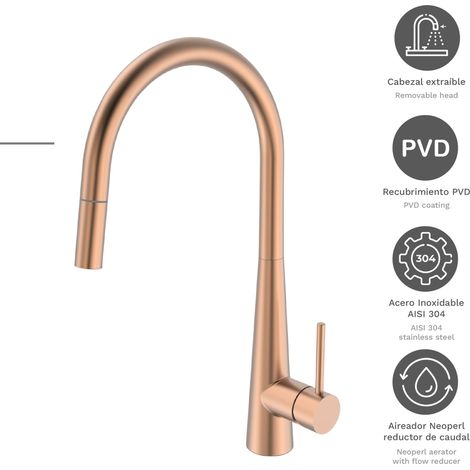 Grifo de cocina monomando caño alto extraible Geminis Rose,Latón, resistente a la corrosión, ahorro de agua,instalación fácil