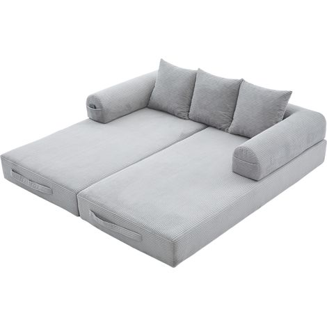 Canapé modulable en velours côtelé gris clair avec 3 coussins, poche latérale et structure métal, idéal pour petit salon et appartement – CHICFURN (1/5)