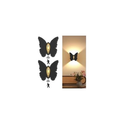 Lampada da parete ricaricabile a forma di farfalla per interni - Lampada da parete con sensore di movimento + telecomando - Confezione da 2, nera - Crezuo