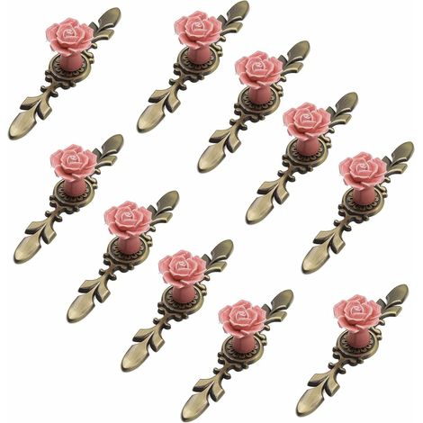 A set of 10 ceramic furniture knobs, 41 mm in diameter, with a rose pattern, and a bronze base, 170 mm in length.