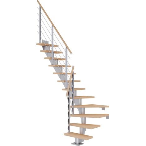 Dolle Mittelholmtreppe Frankfurt 1/4 gewendelt Eiche weiß, geölt 75 cm breit für GH 259 – 301 cm UK Metall Perlgrau mit Geländer