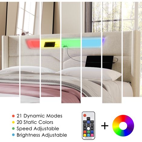 Lit double rembourré en lin avec éclairage LED et port USB-C, sommier à lattes inclus, tête de lit lumineuse, couchage 160x200 cm, sans matelas, cadre de lit avec rangement intégré. (1/5)