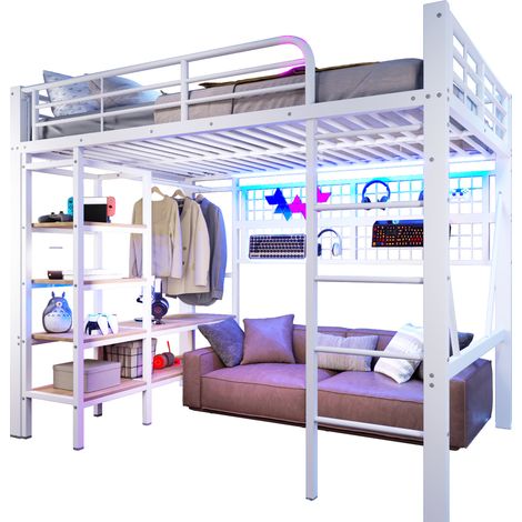 Lit mezzanine 140x200 cm métal blanc avec tablette, filet de rangement, barre penderie et bande LED (1/5)