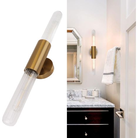 Applique murale LED à double tête, lampe de salle de bain avec abat-jour en verre transparent, adaptée aux miroirs de coiffeuse, salons, chambres, couloirs, cheminées et escaliers. (1/5)