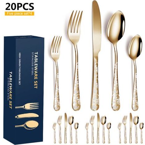 20-teiliges Besteckset aus Edelstahl, hochglanzpoliert, Blumenbesteck, inklusive Messer, Gabel, Teelöffel für Küche, Restaurant, Party (Gold)