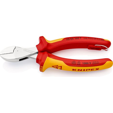KNIPEX 73 06 160 T BK X-Cut® Tronchese laterale compatto isolante con manici rivestiti in materiali multicomponenti, collaudati VDE con anello di fissaggio isolante incorporato per agganciare una prot (1/2)