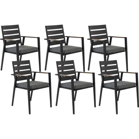 Set di 6 sedie da giardino in metallo nero grigio chiaro cuscini in legno Taviano