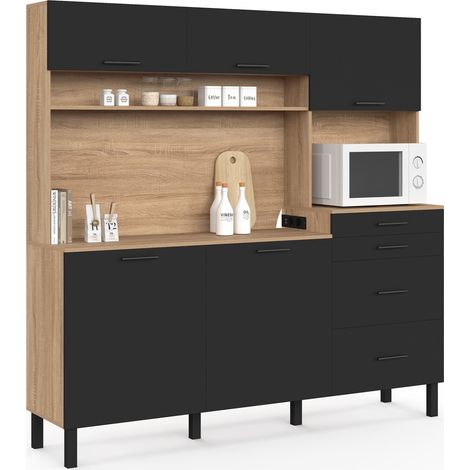 Buffet casserolier de cuisine 180 cm CINA 5 portes + 4 tiroirs avec espace micro-ondes et multiprise façon hêtre et noir (1/5)