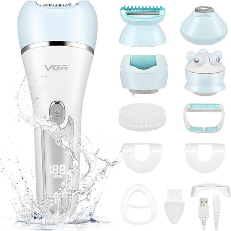 épilateur Visage Femme, 6 en 1 Epilateur Electrique Femme sans Fil, Affichage LED Rechargeable, Rasoir Électrique Sec et Humide avec Brosse Exfoliante, Brosse de Nettoyage, Tête de Massage (1/5)