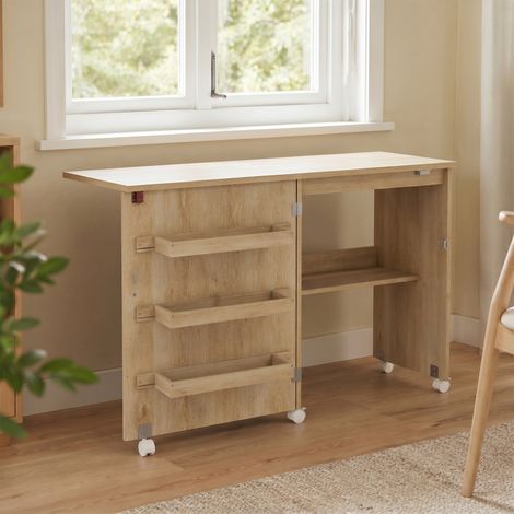 Table de couture pliante meuble couture à abattant avec bacs de rangement, étagère ouverte et roulettes, bois naturel (1/5)