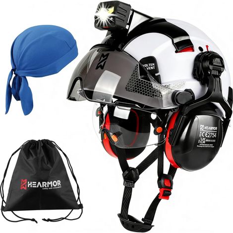 Casque de protection industriel avec lampe frontale LED + visière et protection auditive Pour travaux forestiers, travaux de construction et escalade Casque de (1/5)