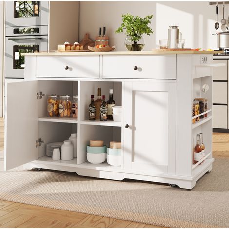 Isla de cocina 151.5x59.7x91.7 cm blanco y natural en MDF y metal con encimera abatible, ruedas y enchufes (1/5)