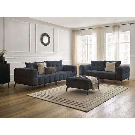 BOBOCHIC - Ensemble canapé droit fixe 3 + 2 places ANIS tissu bouclette avec pouf   Bleu foncé (1/5)