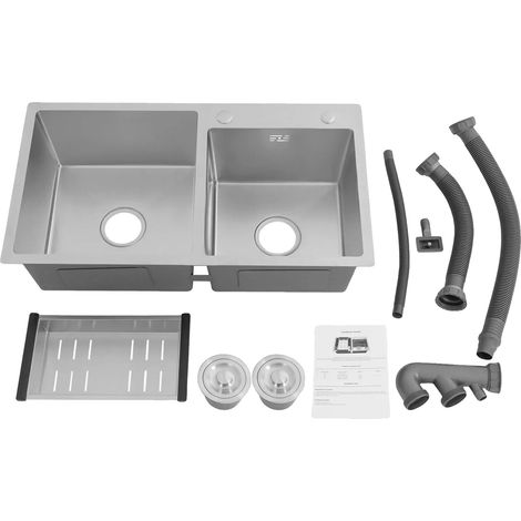 Évier de cuisine, acier inoxydable, design à double cuve, Argent (1/2)