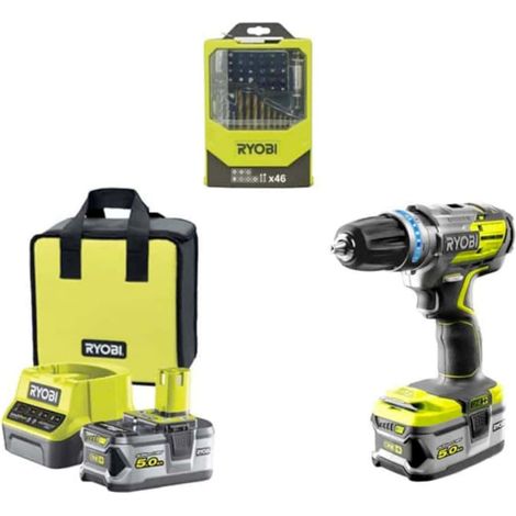 Pack RYOBI perceusse visseuse à percussion Brushless - 1 batteries 5.0Ah - 1 batterie 2.0Ah - 1 chargeur 2.0Ah - Coffret 46 accessoires mixtes (1/5)