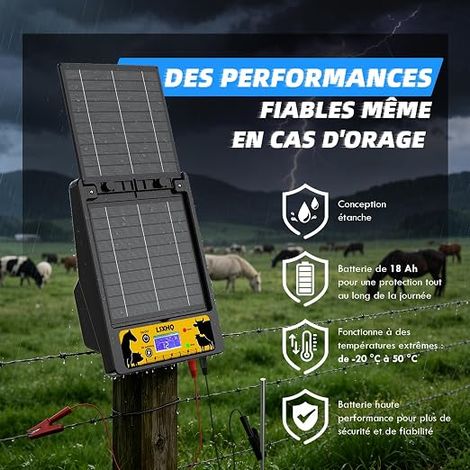 Électrificateur de Clôture Solaire Portée 32 KM Batterie au Lithium 18000mAh Électrificateur avec Panneau Solaire 10W 0.3-2J 6KV-12KV Réglable Protection pour Volaille Domestiques Noir (1/4)