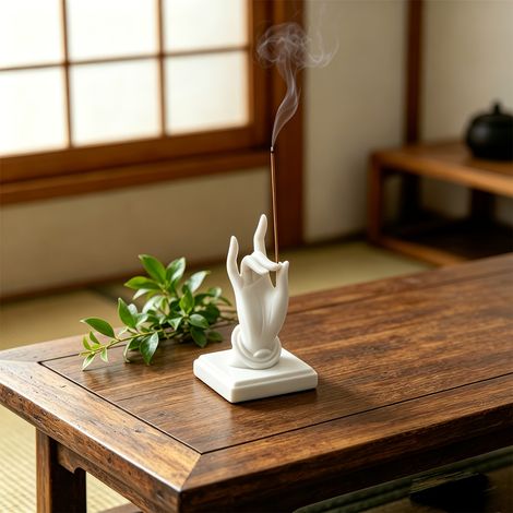New 3D printed modern Zen-style incense burner, white hand-shaped sculpture, unique desktop ornament, Zen aesthetic. (1/4)