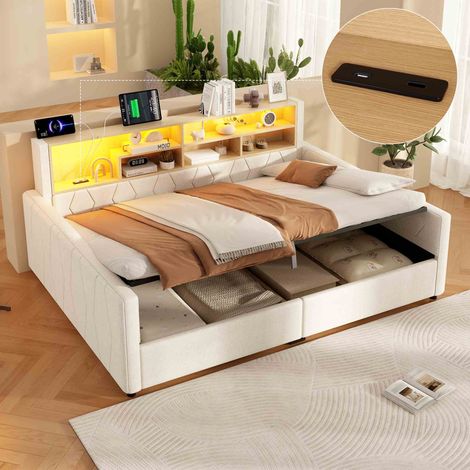 Lit banquette coffre 140x200 cm en lin avec rangement hydraulique, LED, USB, prises, tête de lit avec étagères - Beige (1/5)