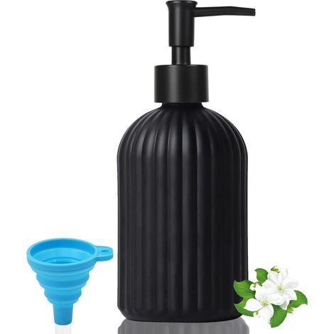 Dispensador de vidrio de 400 ml con embudo, bomba de plástico, recargable para jabón de manos, baño/cocina. (1/5)