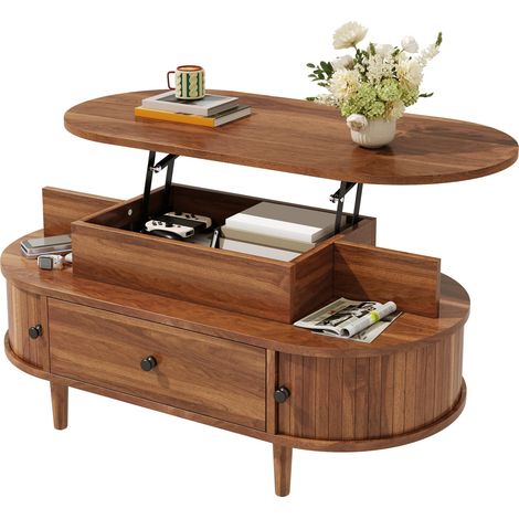 Table basse ovale à plateau relevable hydraulique en MDF. Rangement dissimulé, 2 étagères ouvertes, grand tiroir et 2 portes coulissantes, poignées rondes, pieds fuselés en hévéa, multi-usages. (1/5)