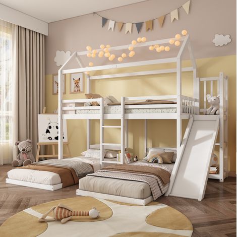 Bett Kinder-Etagenbett im Hausbett-Design mit Rutsche und Leiter, 3 Schlafplätze 90x200 cm, Kiefer+MDF, weiß (1/5)