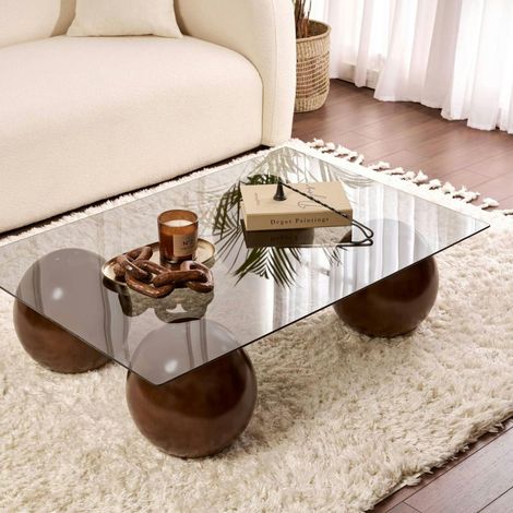 Table basse rectangulaire verre fumé 4 pieds boule KOCHI (1/5)