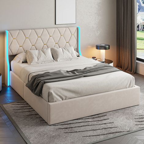 Lit coffre double adulte 140x190 cm avec tête de lit LED, rangement hydraulique, velours beige