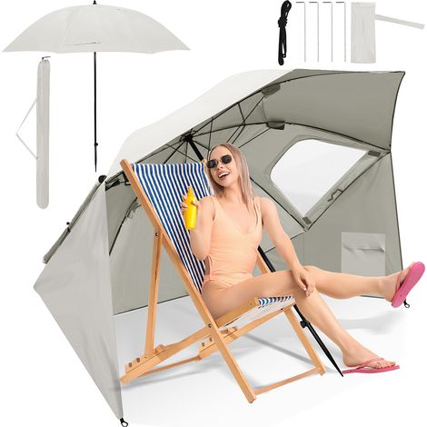 Wolketon Strandschirm 210 cm Sonnenschirm mit UV Schutz 50+, neigbar mit Erdspieß und Tragetasche, wasserabweisender Gartenschirm für Strand, Garten & Balkon – Beige