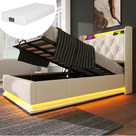 letto 90x200 contenitore LED USB PU bianco OKMYHOME (1/5)