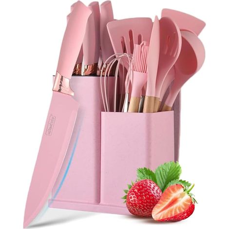 Set de Couteaux de Cuisine Rose 19 Pièces - Bloc, 6 Couteaux et 11 Spatules en Silicone - Ustensiles de Cuisine (1/5)