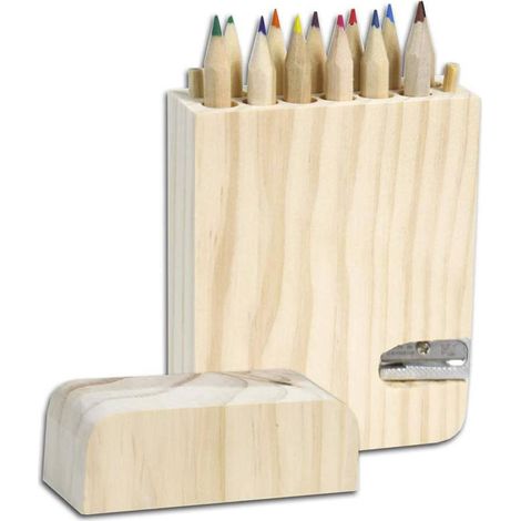 Astuccio in Legno con 12 Pastelli Colorati Scatola Portapastelli con Temperamatite Portamatite 12 Matite Colorate con Temperino Scuola (1/5)