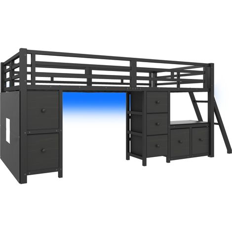 Halbhochbett für Kinder 90 x 200 cm aus schwarzem Metall mit 7 Schubladen und LED (1/5)