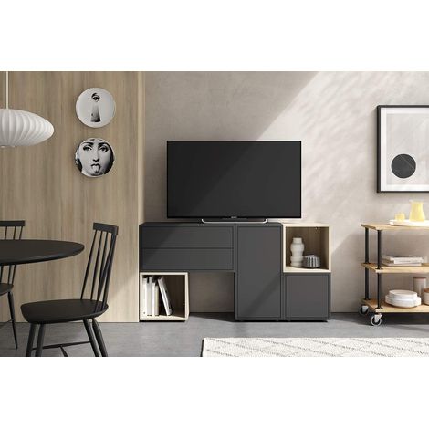 Parete attrezzata porta tv 150 cm grigio scuro e rovere - Spa