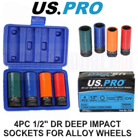 US PRO Tools 4pc 1/2" Dr Deep Impact Sockets For Alloy Wheels 17, 19, 21, 22mm 3724 (1/4)