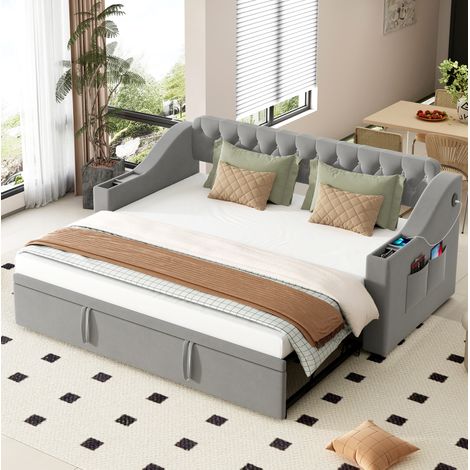 Bett Schlafbett Stauraum 90x190 ausziehbar Grau OKMYHOME (1/5)