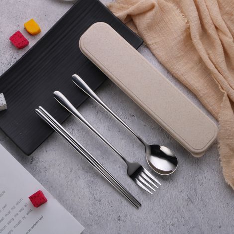 (Ensemble 3 pièces - argent) Ensemble fourchette, cuillère et baguettes en acier inoxydable 304