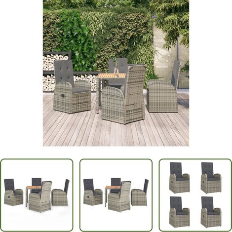 Gartenessgruppe - 5-tlg. Garten-Essgruppe mit Kissen Grau Poly Rattan (1/5)