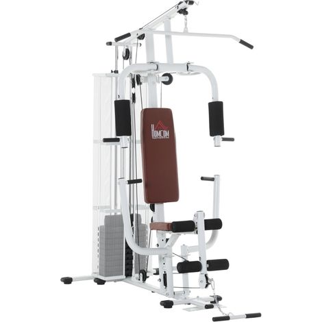 Gimnasio, multigimnasio, centro de fitness, equipamiento de fitness que incluye pesas, polea alta, máquina de curl de piernas, metal, cuero sintético, blanco, 150 x 110 x 210 cm (1/5)