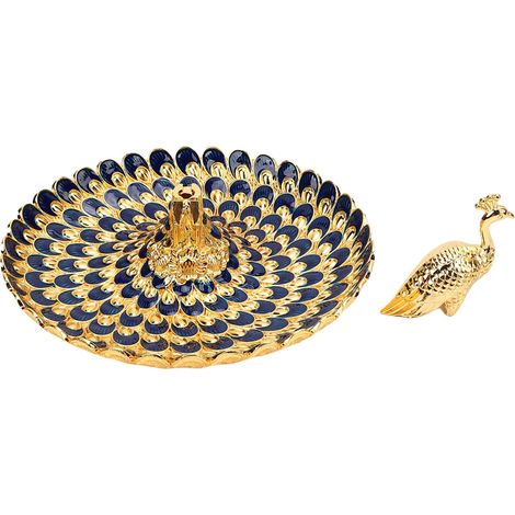 Vassoio rotondo a forma di pavone, piatto in metallo per antipasti, frutta, dessert, conservazione, buffet a casa, hotel, bar, decorazione della tavola, blu e oro. (1/5)