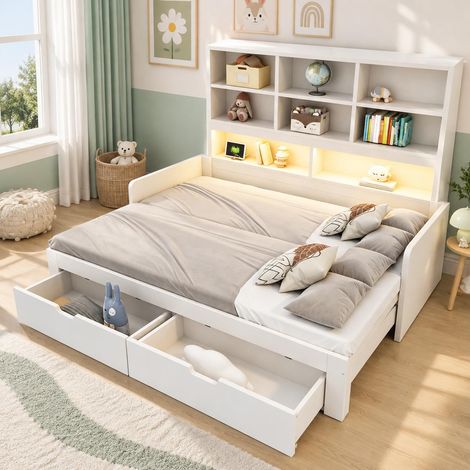 Lit gigogne 90 x 200 cm, canapé-lit extensible 180 x 200 cm, tiroirs et tête de lit avec éclairage LED et ports USB, MDF, Blanc (1/5)