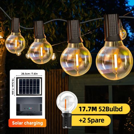 (17,7 m, 54 ampoules) Guirlande lumineuse solaire d'extérieur, lampes de jardin G40, résistante aux intempéries, convient aux cours arrière. (1/5)
