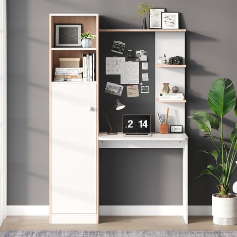 Bureau avec rangements blanc et bois, portes basses et étagère ouverte, 123, 5x45x168, 5 cm (1/5)