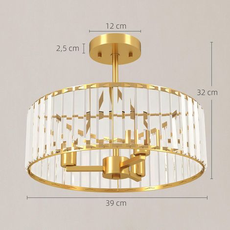 Plafonnier, lustre design, abat-jour en cristal, 3 ampoules, métal, couleur or (1/5)